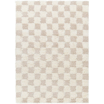 Livabliss Urban Shaggy-Modern Cream Beige Checkered Soft Plush Pile Living Bedroom Rug 200 X 290 Cm Easy Care, Non Shedding - image 1