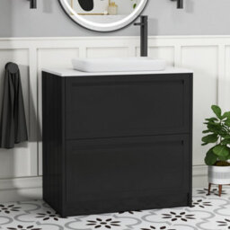 Royal Bathrooms Royal Bathroom Elmore 800mm Matt Nocturne Black Freestanding Bathroom Vanity Unit 2 Drawer Plain White Worktop With Qubix Basin - thumbnail 1
