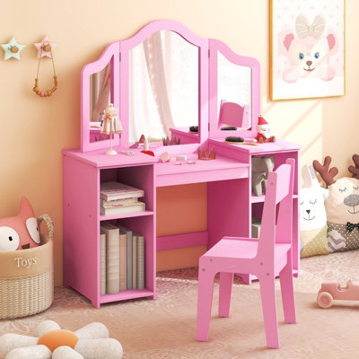 Costway Kids Vanity Table And Chair Set Princess Makeup Vanity Set W/ Tri-Folding Mirror - image 1