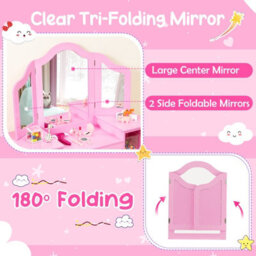 Costway Kids Vanity Table And Chair Set Princess Makeup Vanity Set W/ Tri-Folding Mirror - thumbnail 7