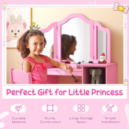 Costway Kids Vanity Table And Chair Set Princess Makeup Vanity Set W/ Tri-Folding Mirror - thumbnail 6
