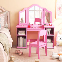 Costway Kids Vanity Table And Chair Set Princess Makeup Vanity Set W/ Tri-Folding Mirror - thumbnail 3