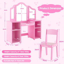 Costway Kids Vanity Table And Chair Set Princess Makeup Vanity Set W/ Tri-Folding Mirror - thumbnail 2