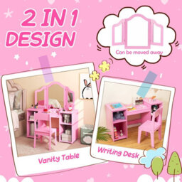 Costway Kids Vanity Table And Chair Set Princess Makeup Vanity Set W/ Tri-Folding Mirror - thumbnail 5