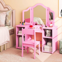Costway Kids Vanity Table And Chair Set Princess Makeup Vanity Set W/ Tri-Folding Mirror - thumbnail 4