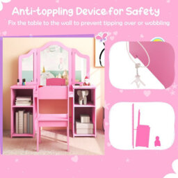 Costway Kids Vanity Table And Chair Set Princess Makeup Vanity Set W/ Tri-Folding Mirror - thumbnail 8