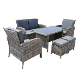 6 Piece Rattan Garden Furniture Set With Tempered Glass Top Table, Padded Sofa, Armchair, Stools - Gray - thumbnail 3