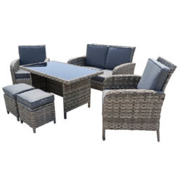 6 Piece Rattan Garden Furniture Set With Tempered Glass Top Table, Padded Sofa, Armchair, Stools - Gray - thumbnail 2