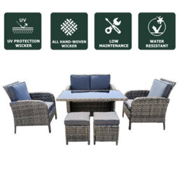 6 Piece Rattan Garden Furniture Set With Tempered Glass Top Table, Padded Sofa, Armchair, Stools - Gray - thumbnail 7