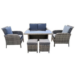 6 Piece Rattan Garden Furniture Set With Tempered Glass Top Table, Padded Sofa, Armchair, Stools - Gray - thumbnail 1