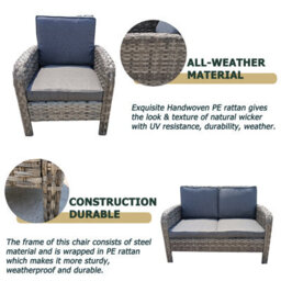 6 Piece Rattan Garden Furniture Set With Tempered Glass Top Table, Padded Sofa, Armchair, Stools - Gray - thumbnail 5