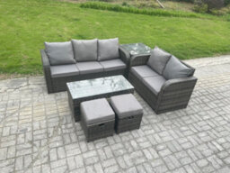 Fimous Outdoor Rattan Garden Furniture Set Patio Lounge Sofa Set With Coffee Table Side Table 2 Footstools Dark Grey Mixed - thumbnail 2