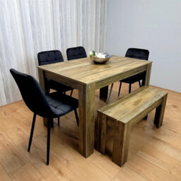 Kosy Koala Modern Rustic Effect Dining Table Set With 4 Black Velvet Chairs And Bench - Kitchen Dining Furniture
