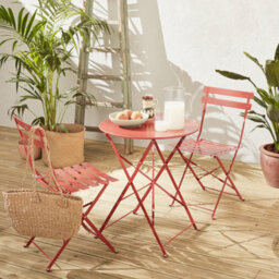 Sweeek. Folding Metal Bistro Garden Table Diam.60 X 70Cm 2 Chairs Emilia Terracotta 60X60X71 Cm