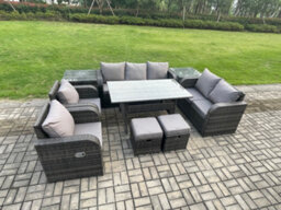 Fimous 9 Seater Garden Rattan Furniture Dining Table Sofa Set Indoor Outdoor With 2 Reclining Chairs 2 Side Tables Footstools - thumbnail 2