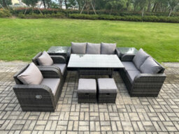 Fimous 9 Seater Garden Rattan Furniture Dining Table Sofa Set Indoor Outdoor With 2 Reclining Chairs 2 Side Tables Footstools - thumbnail 1