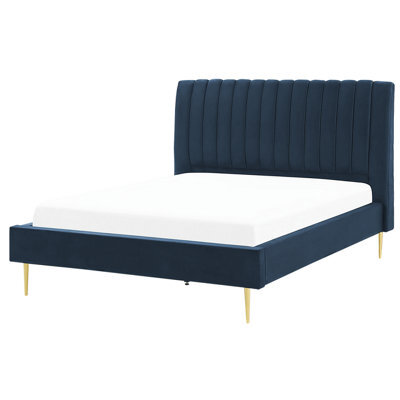 Beliani Bed Velvet Marville 140 X 200 Cm (Eu Double) Dark Blue - image 1