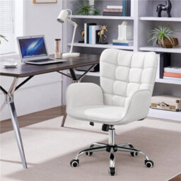 White Faux Leather Office Chair With Padded Armrests Modern Swivel Vanity Chair - thumbnail 6