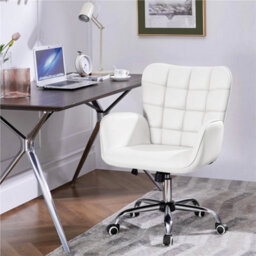 White Faux Leather Office Chair With Padded Armrests Modern Swivel Vanity Chair - thumbnail 3