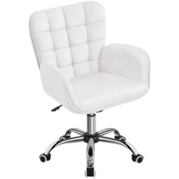 White Faux Leather Office Chair With Padded Armrests Modern Swivel Vanity Chair