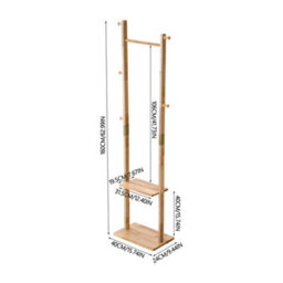 Living And Home Natural Colour Rubberwood Freestanding Clothes Rack 5 Hooks Double Storage Shelves - thumbnail 8