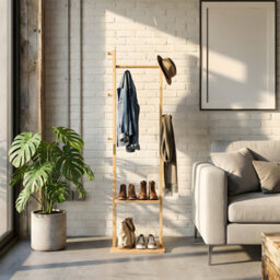 Living And Home Natural Colour Rubberwood Freestanding Clothes Rack 5 Hooks Double Storage Shelves - thumbnail 3