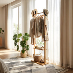 Living And Home Natural Colour Rubberwood Freestanding Clothes Rack 5 Hooks Double Storage Shelves - thumbnail 2