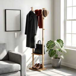 Living And Home Natural Colour Rubberwood Freestanding Clothes Rack 5 Hooks Double Storage Shelves - thumbnail 1