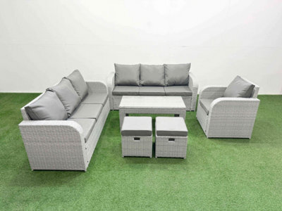 Fimous 9 Seater Poly Rattan Outdoor Garden Furniture Oblong Coffee Table Sofa Set Reclining Chair Stools Light Grey - image 1