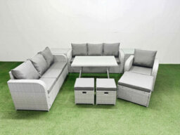 Fimous 9 Pieces Outdoor Pe Rattan Garden Furniture With Cushions Reclining Chair 2 Side Tables 3 Stool Light Grey - thumbnail 1