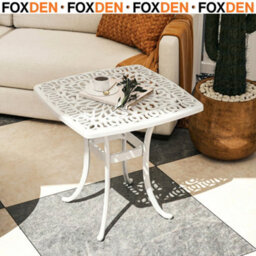 Foxden White Garden Side Table Umbrella Hole Cast Aluminium Patio Square 54Cm Powder Coated