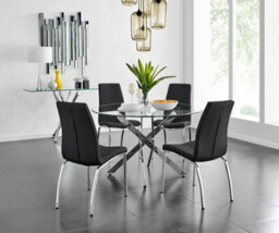 Furniturebox Uk Novara Chrome Metal And Glass Large Round Dining Table And 4 Black Isco Chairs Set