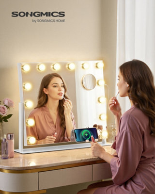 LEDREM Vanity Makeup Mirror With Lights, Charging Ports, 14 Dimmable Led Bulbs, 3 Colour Temperatures, Matte White