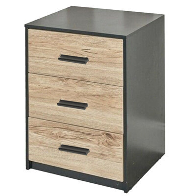 Urbn-Living Urbnliving Height 56Cm 3 Drawer Wooden Bedroom Bedside Cabinet Furniture Black Carcass And Oak Drawers Storage Nightstand - image 1