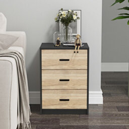 Urbn-Living Urbnliving Height 56Cm 3 Drawer Wooden Bedroom Bedside Cabinet Furniture Black Carcass And Oak Drawers Storage Nightstand - thumbnail 3