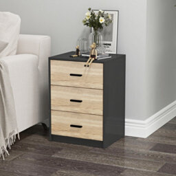 Urbn-Living Urbnliving Height 56Cm 3 Drawer Wooden Bedroom Bedside Cabinet Furniture Black Carcass And Oak Drawers Storage Nightstand - thumbnail 2