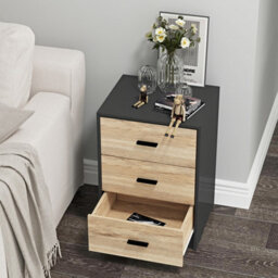 Urbn-Living Urbnliving Height 56Cm 3 Drawer Wooden Bedroom Bedside Cabinet Furniture Black Carcass And Oak Drawers Storage Nightstand - thumbnail 4