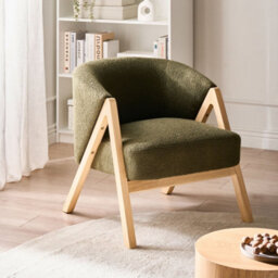 Wyld And Coco Modern Armchair In Dark Green Bouclé Fabric With Rubberwood Legs - Compact Accent Chair - thumbnail 2