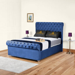 UKBEDFURNITURE Chesterfield Sleigh Blue Plush Velvet Upholstered Bed Frame Only - Slatted Base - 48 Inch Headboard