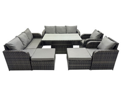 Fimous Rattan Garden Furniture Dining Set 10-Seater Patio Height Adjustable Rising Lifting Table Sofa Set With 2 Big Footstool - image 1