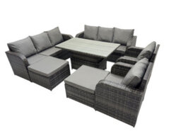 Fimous Rattan Garden Furniture Dining Set 10-Seater Patio Height Adjustable Rising Lifting Table Sofa Set With 2 Big Footstool - thumbnail 2
