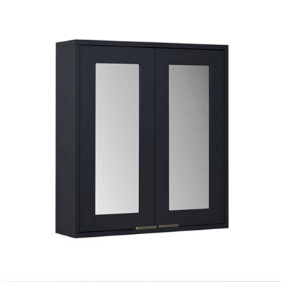 Homestylestore 600 X 650mm Black Grey Wall Mounted Mirrored Door Bathroom Cabinet With Aged Gold Finger Pull Handles - image 1
