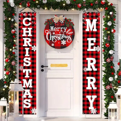 Amorly 3Pcs Merry Christmas Wreath Banner Set, Rustic Holiday Hanging Ornament, Decorative Sign For Front Door Indoor Home Xmas Styling - image 1