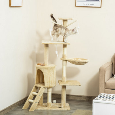 Pawhut Cat Tree For Indoor Cats, 135Cm Scratching Post Climbing Tower, Beige - image 1