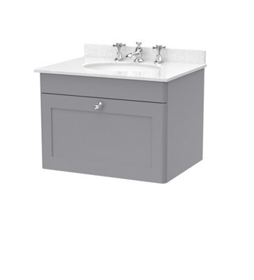 Balterley Swynnerton Traditional 1 Drawer Wall Hung Vanity Unit With Marble Basin, Satin Grey, 600mm - image 1