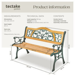Tectake Garden Bench Kathi - 2-Seater, Wood, Cast Iron, 124 X 60 X 83 Cm - Brown - thumbnail 6