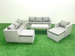 Fimous Wicker Pe Rattan Sofa Garden Furniture Set Oblong Coffee Table Armchair 2 Big Stools Light Grey - thumbnail 1