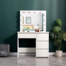 Thehotsale Hollywood Dressing Table With 4 Drawers And Large Led Lighted Mirror, Wooden Modern Bedroom Dresser, White - thumbnail 2