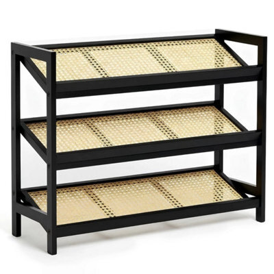 Black Shoe Rack 3 Tier Bamboo Rattan Stylish Functional Shoe Storage Organiser - image 1