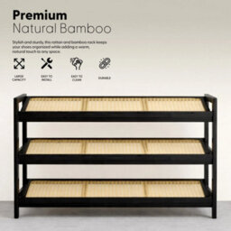 Black  Shoe Rack 3 Tier Bamboo Rattan Stylish Functional Shoe Storage Organiser - thumbnail 5